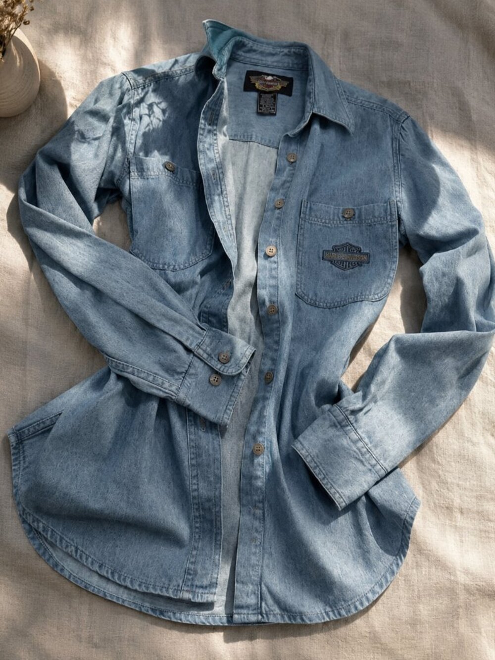 Harley-Davidson Denim Button Up Shirt Light Wash Embroidered Logo Women's S